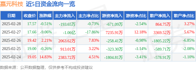 股票行情快报：嘉元科技（688388）2月28日主力资金净卖出19365万元(图1)