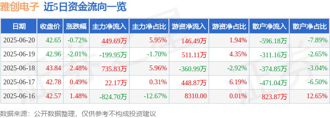 股票行情快报：雅创电子（301099）6月20日主力资金净买入44969万元(图1)
